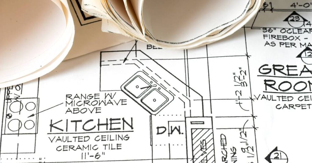 Close-up on the architectural plans for a house. Two scrolls of several plans are rolled up and resting on it.