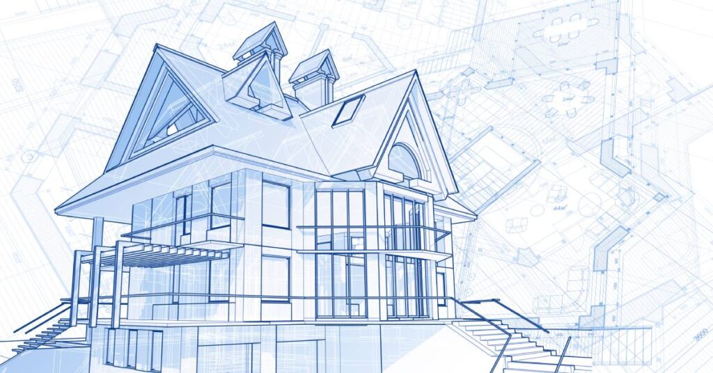 Simulated blueprint image of a house resting on a series of architectural schematics, images, and plans.