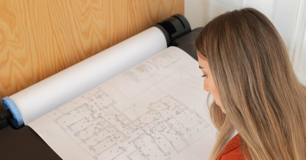  An interior decorator/architect reviews room plans in front of her, printed out crisply on a sheet of plotter paper.