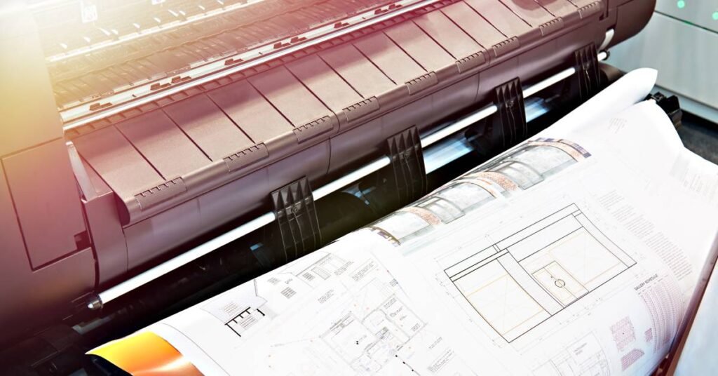 Close up on a large-format printer printing out crisp blueprints of a house and room plan. Sunlight streams in.