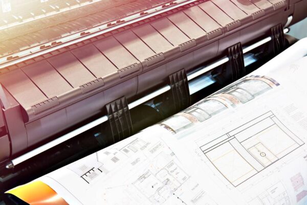 Close up on a large-format printer printing out crisp blueprints of a house and room plan. Sunlight streams in.