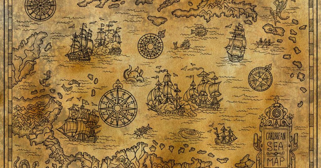 Artful and geographically incorrect old map on aged paper. The map features fanciful images of ships and sea creatures.